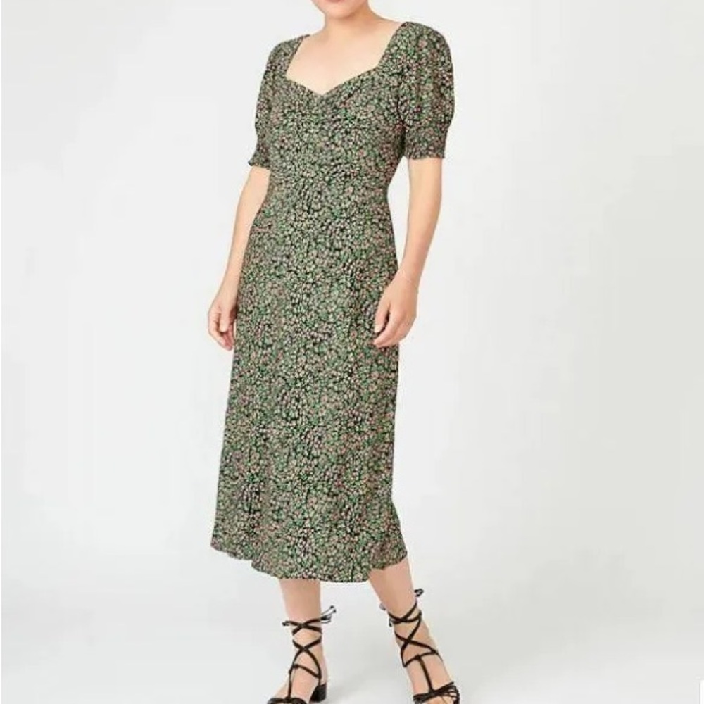 J Crew Floral Sweetheart Neck Smocked Sleeve Midi Dress